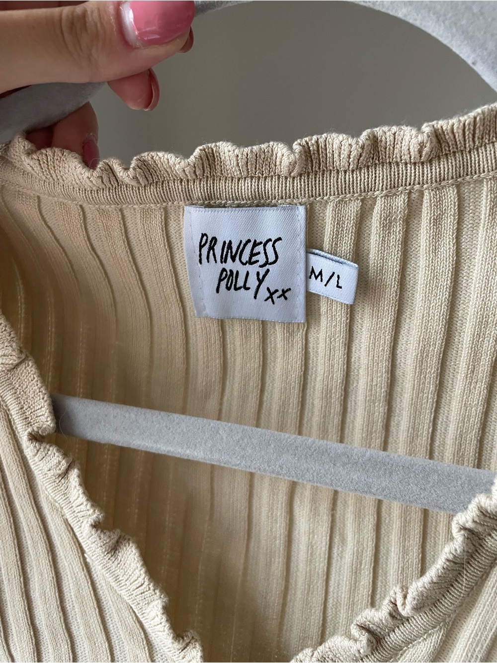 Princess Polly Cream Ribbed Ruffle-Trim Button Crop Top - Picture 2 of 2